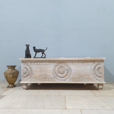 Handmade Indian Furniture Solid Hard Wood Carved Blanket Box Whitewash